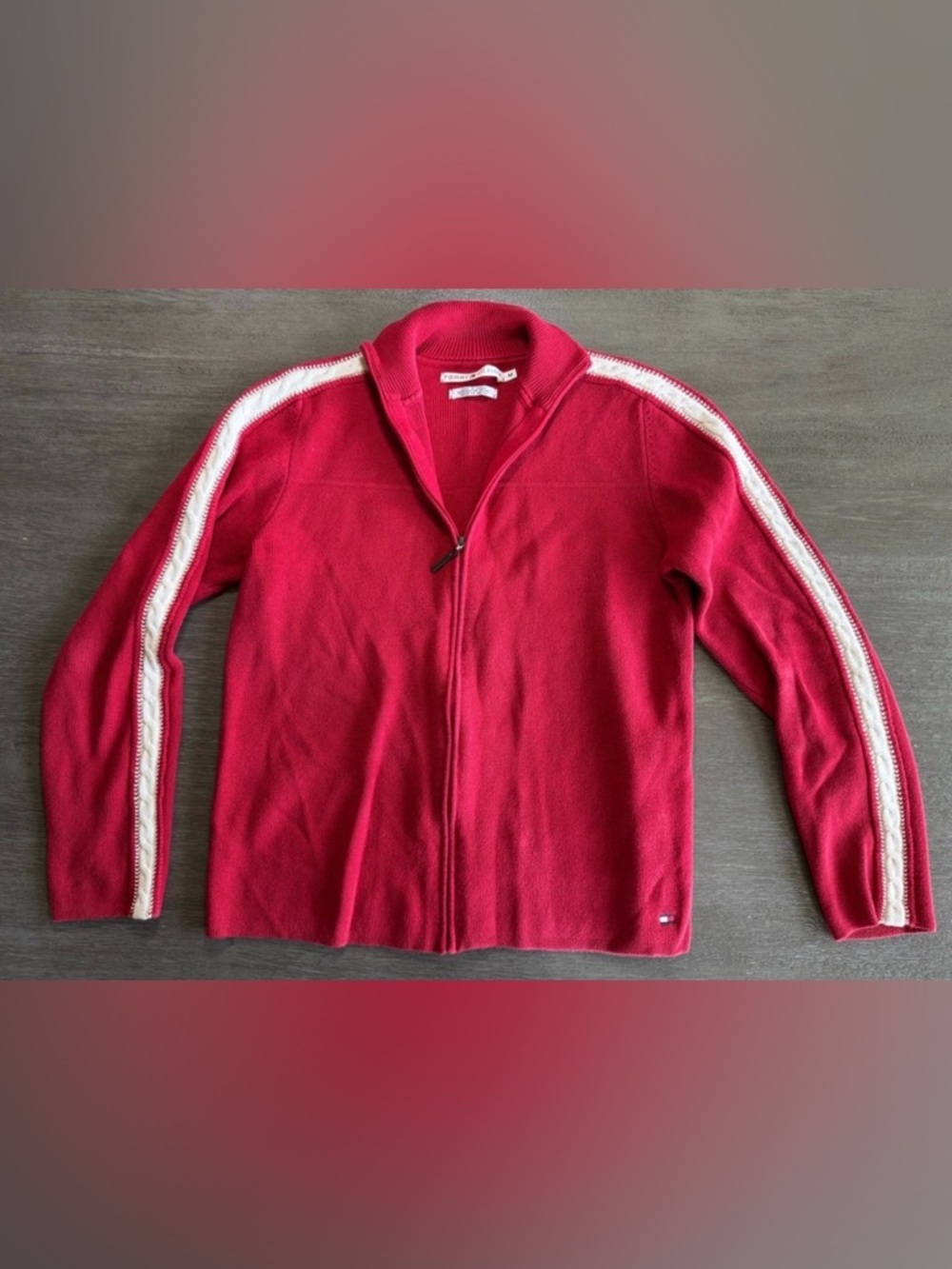 Vintage Red White Cable Knit Tommy Hilfiger Sweater Cardigan M